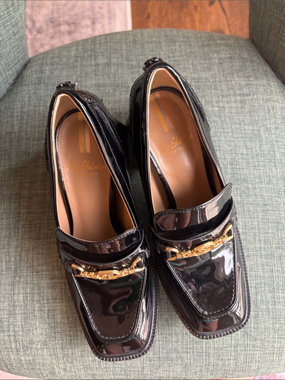 Sam Edelman QUINCY BLOCK HEEL LOAFER patent leather gold charm chunky women’s 6 - Picture 13 of 13